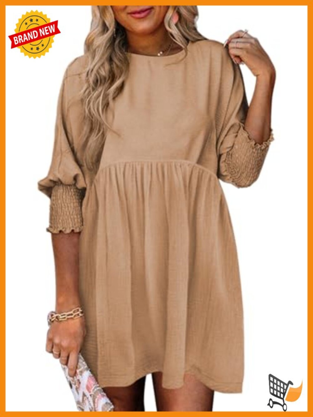 Lantern Sleeve Babydoll Mini Dress Empire Waist Ruffle Hem Casual